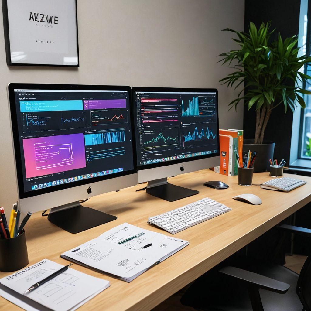A sleek, modern workspace with a designer meticulously coding on a high-tech computer; various UI/UX sketches and color swatches scattered around; a logo of Anzwers Web Services subtly integrated into the background. The ambiance should be creative and sophisticated, highlighting the elegance of digital design. super-realistic. vibrant colors. modern office background.