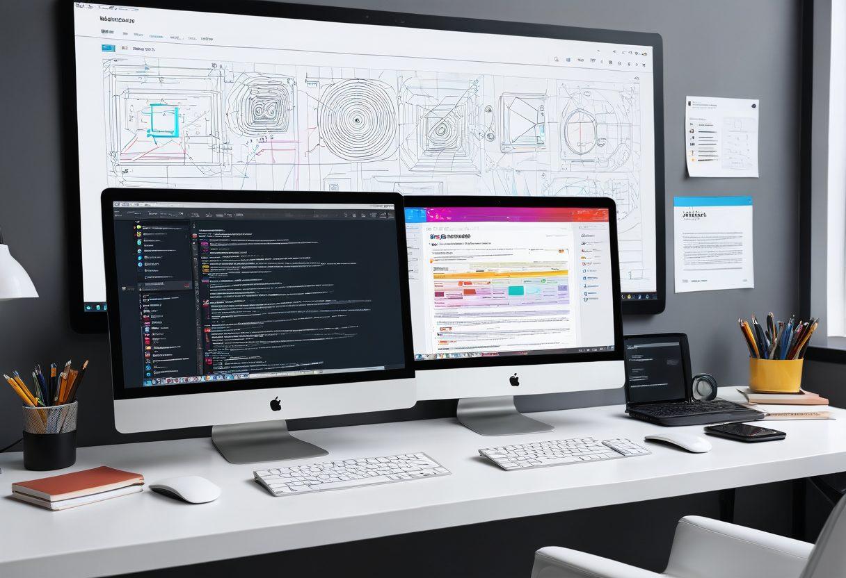 A modern, sleek digital workspace with a laptop displaying a stunning website design, surrounded by design tools like color palettes, typography samples, and wireframes. The backdrop should include faint silhouettes of web browsers and code. Vibrant colors. 3D.